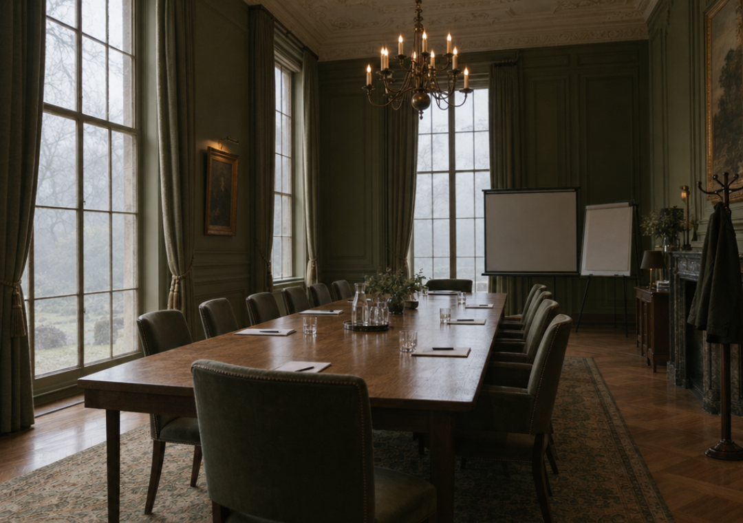 Zaal op een landgoed met uitzicht op het park in de mist