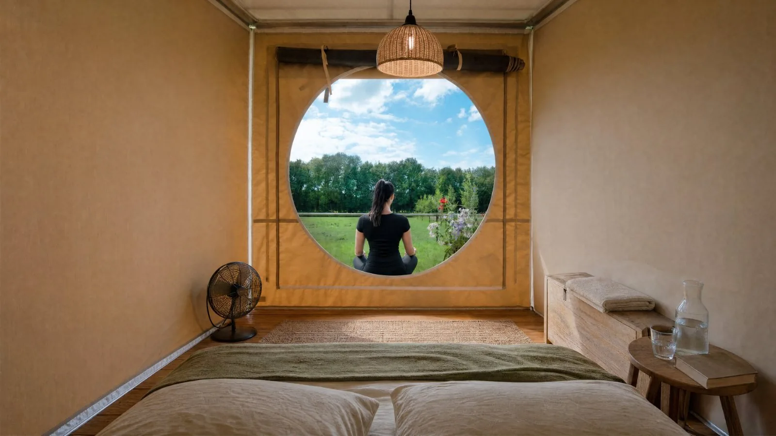 De tent van binnen, met uitzicht door het ronde raam op het veld