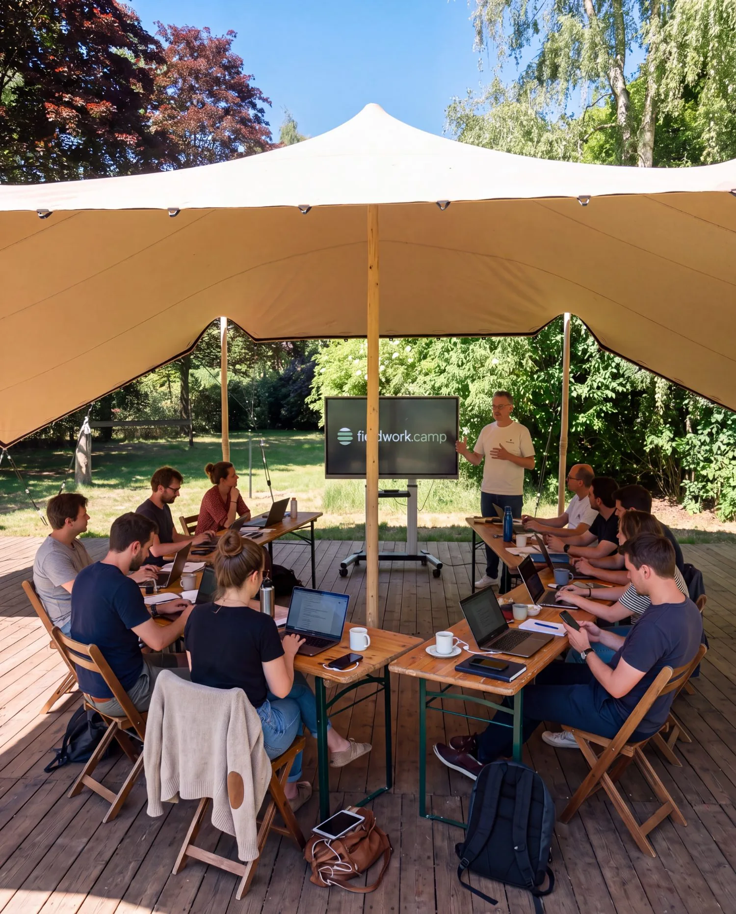 Groep aan het werk achter laptops aan tafels onder de stretchtent, met fieldwork.camp op het scherm