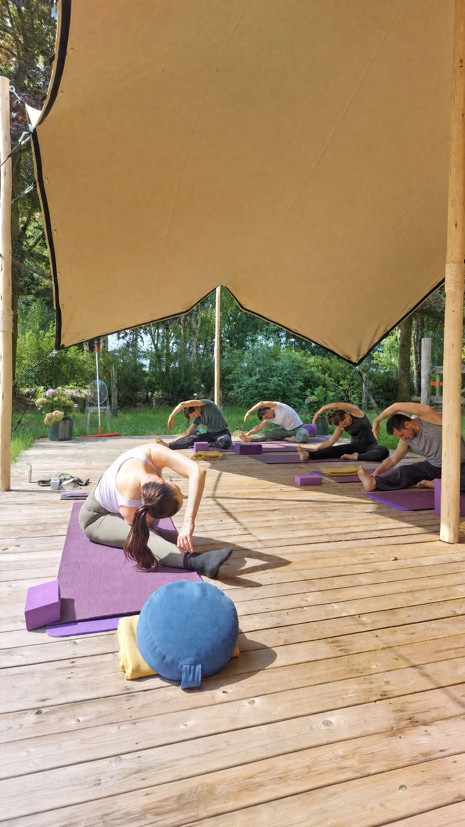 Yogales op het houten terras onder de stretchtent, deelnemers in een zijbuiging op matten